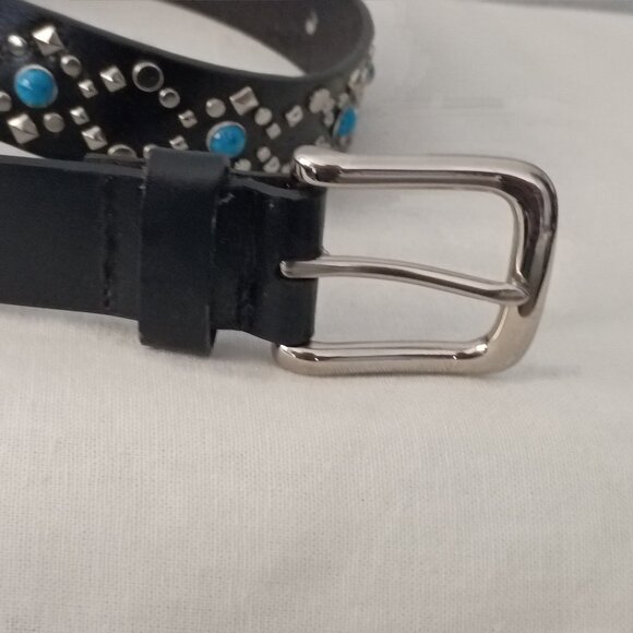 ❤️REBECCA MINKOFF Genuine Turquoise & Silver Studded Black Leather Belt Sm 31-36 main image 5